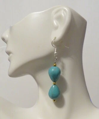 Pendientes de gancho doble turquesa lágrima colgante 1,75" plata sin níquel Foto 1 de 3