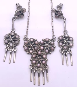 Zuni Sterling Rosa MOP Halskette Ohrring Set Signiert Vacit Petite Point Hänger - Bild 1 von 14