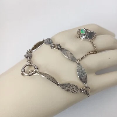 Slave Articulated Bracelet Hand Chain Silver 925 Leaves Opal GRAS Israel Ring - Image 1 of 4
