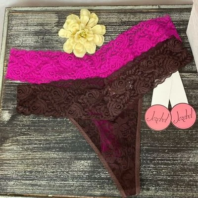 Jezebel SET of 2 Pink & Brown Lace Thong Panties NEW L - Image 1 of 3