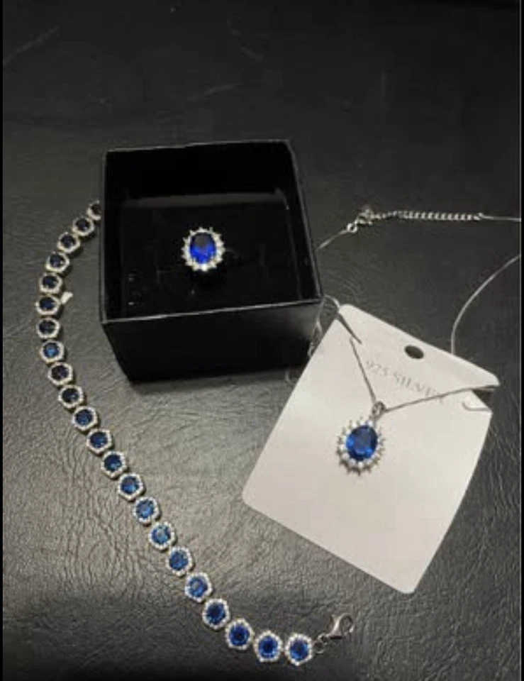 925 Silver Blue Sapphire Ring Bracelet Necklace Jewelry Set - Image 1 of 4