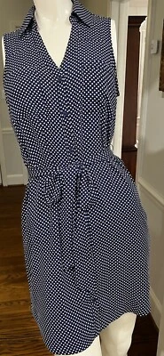 Express Navy White Polka Dot Tie Waist Button Shirt Dress Sleeveless S - Image 1 of 4