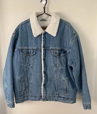 Chaqueta de camionero vintage Levis Sherpa forrada de mezclilla XL frontal a presión Foto 1 de 4
