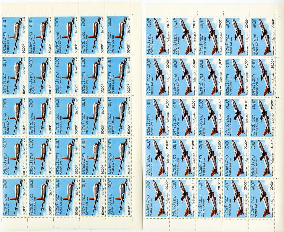 Laos Stamps # C120-1 NH Sheets of 25 Airplane Topic Scott Value $287.00 - Image 1 of 1