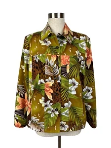 Allison Daly Petite Pink Green Brown Tropical Flowers Button Up Jacket Size 10P - Picture 1 of 10