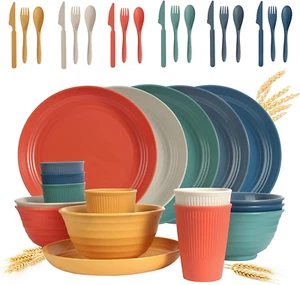 Wheat Straw Dinnerware Set 36Pcs Unbreakable Reusable Plates Bowls Camping Safe - Picture 1 of 12