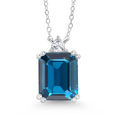 925 Sterling Silver London Blue Topaz and White Moissanite Pendant Necklace For - Image 1 of 3
