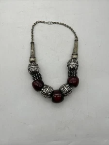 Antike ethnische Jemen Silber Faturan Kirsche Bernstein Perlen Halskette 18" 95 Gramm - Bild 1 von 16