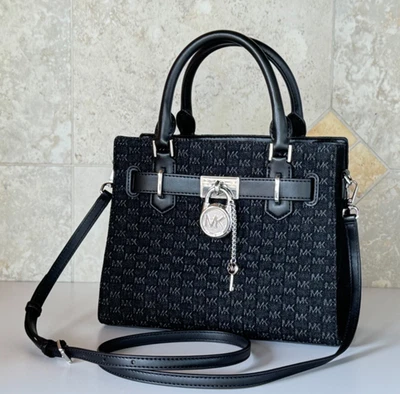Michael Kors Hamilton Small Satchel Shoulder Crossbody Bag MK Black Denim - Image 1 of 4