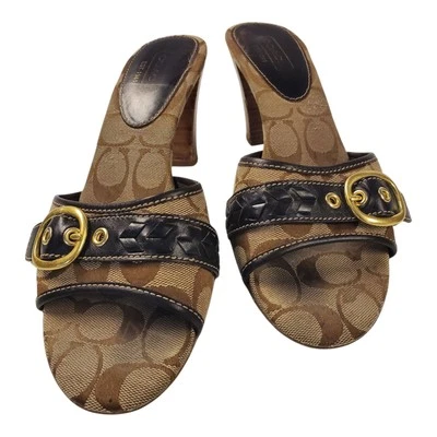 COACH Sandals KAMILAH Womens Size 9 Beige Signature Jacquard Open Toe Buckle - Image 1 of 4