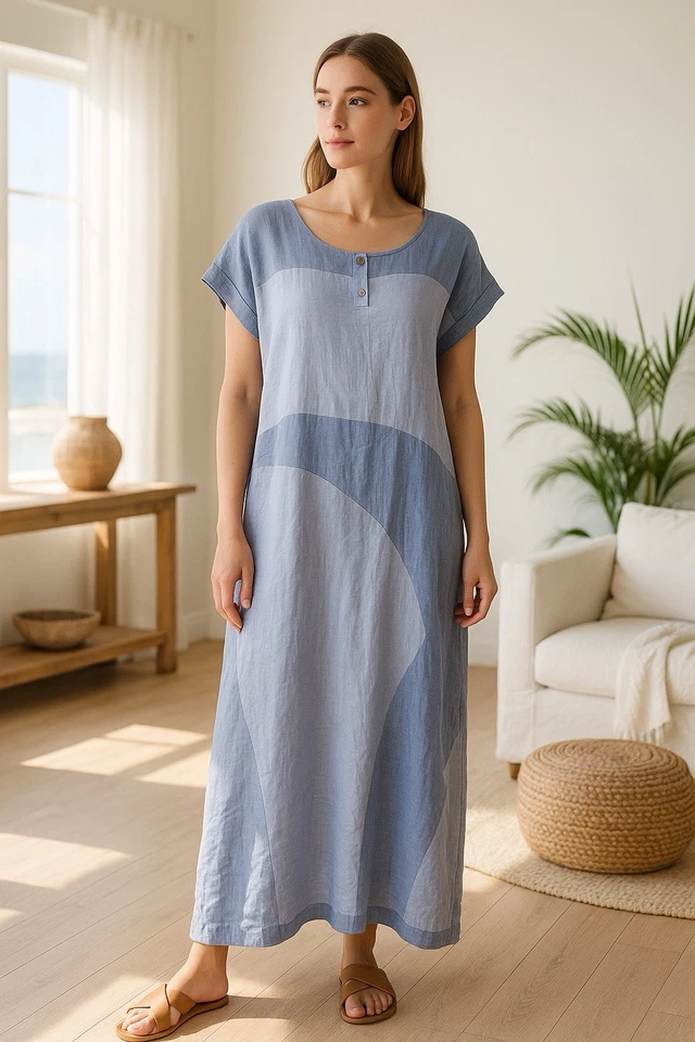 Vestido para mujer J.Jill XL azul lino bloques de colores caftán minimalista Lagenlook playero Foto 1 de 4