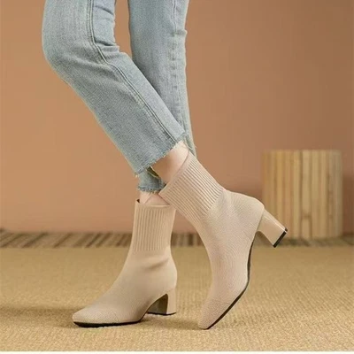 Para mujeres Calcetín Botas Tacón Bloque Punta Cuadrada Elastizado Tejido Botines Moda Zapatos Foto 1 de 4