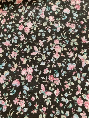 Tiny Pink Lt Blue Flowers Butterflies on Black Calico VTG Peter Pan Fabrics 1.15 - Image 1 of 3