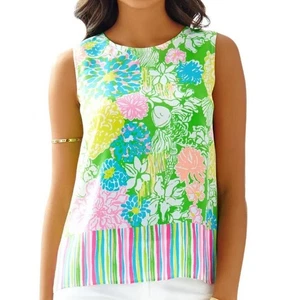 Lilly Pulitzer XS Iona Shell ärmelloses Tanktop 100% Seide gold Knopfleiste hinten - Bild 1 von 17