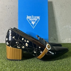John Fluevog Gigi Floral Black Pointed Toe Patent Leather Heel Shoes Women’s 9 - Picture 1 of 9