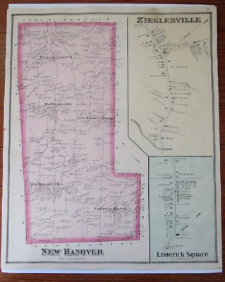 Mapa de 1877 de NUEVO HANOVER - ZIEGLERVILLE & LIMERICK SQUARE MONTGOMERY CO PA Foto 1 de 4