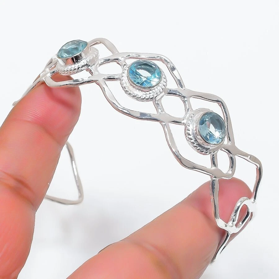 Blue Topaz Gemstone 925 Sterling Silver Jewelry Adjustable Cuff Bracelet - Image 1 of 1
