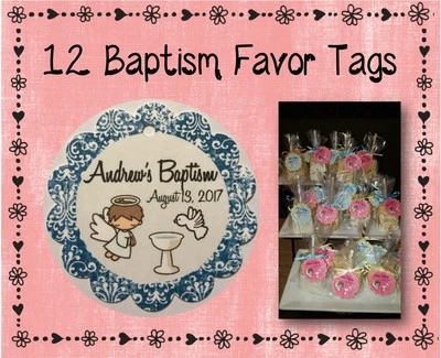 12 Etiquetas Personalizadas para Fiesta de Bautizo - 2" Redondas Festoneadas - #6 Azul Damasco Foto 1 de 4