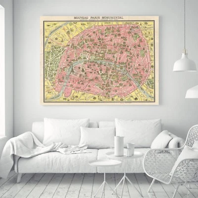 Paris Monumental Wonder City Map Vintage Silk Canvas Poster Paint Wall Decor 102 - Image 1 of 4