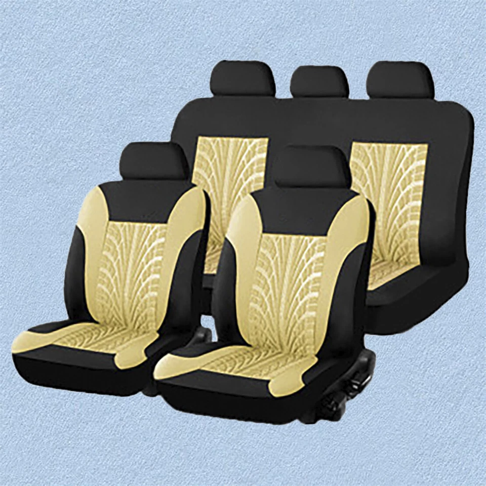 Full Set Beige Car Seat Cover Polyester Fabric Front Rear Seat Cushion Mat - Image 1 of 1