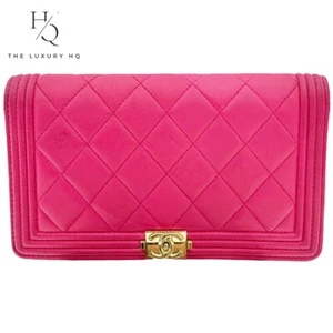 Pre-Owned Authenticated CHANEL Boy Quilted Leather Bi-Fold Pink Purse [LHQ461] - Picture 1 of 11
