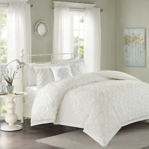 White 4 Piece Bed in a Bag Comforter Bedskirt Shams 100% Cotton Chenille