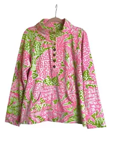Pullover Lilly Pulitzer XL rosa verde con bottoni tunica top tasca canguro - Foto 1 di 9