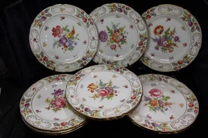 HAMMERSLEY DRESDEN SPRAYS SCALLOP GOLD RIM GOLD SCROLLS FLORAL 12 DINNER PLATES - Picture 1 of 17
