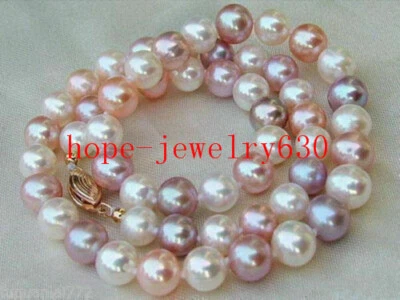 NATURAL AAA+ 8-9MM GENUINE AKOYA WHITE PINK PURPLE PEARL NECKLACE 14K gold - Image 1 of 4