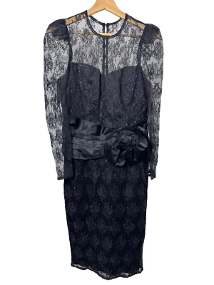 复古 Jessica McClintock 黑色紧身连衣裙 10 码蕾丝袖哥特式美国 — 第 1/4 张图片