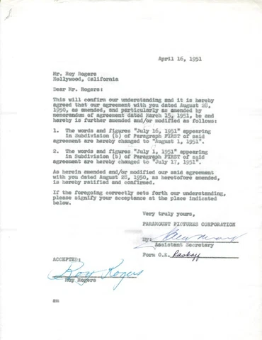 ROY ROGERS - DOCUMENT SIGNED 04/16/1951 Cover