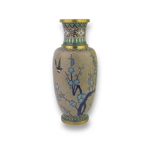Cloisonné Emaille & Messing Vase Floral Natur Design Blau Blume Blüten Vogel 9" - Bild 1 von 13