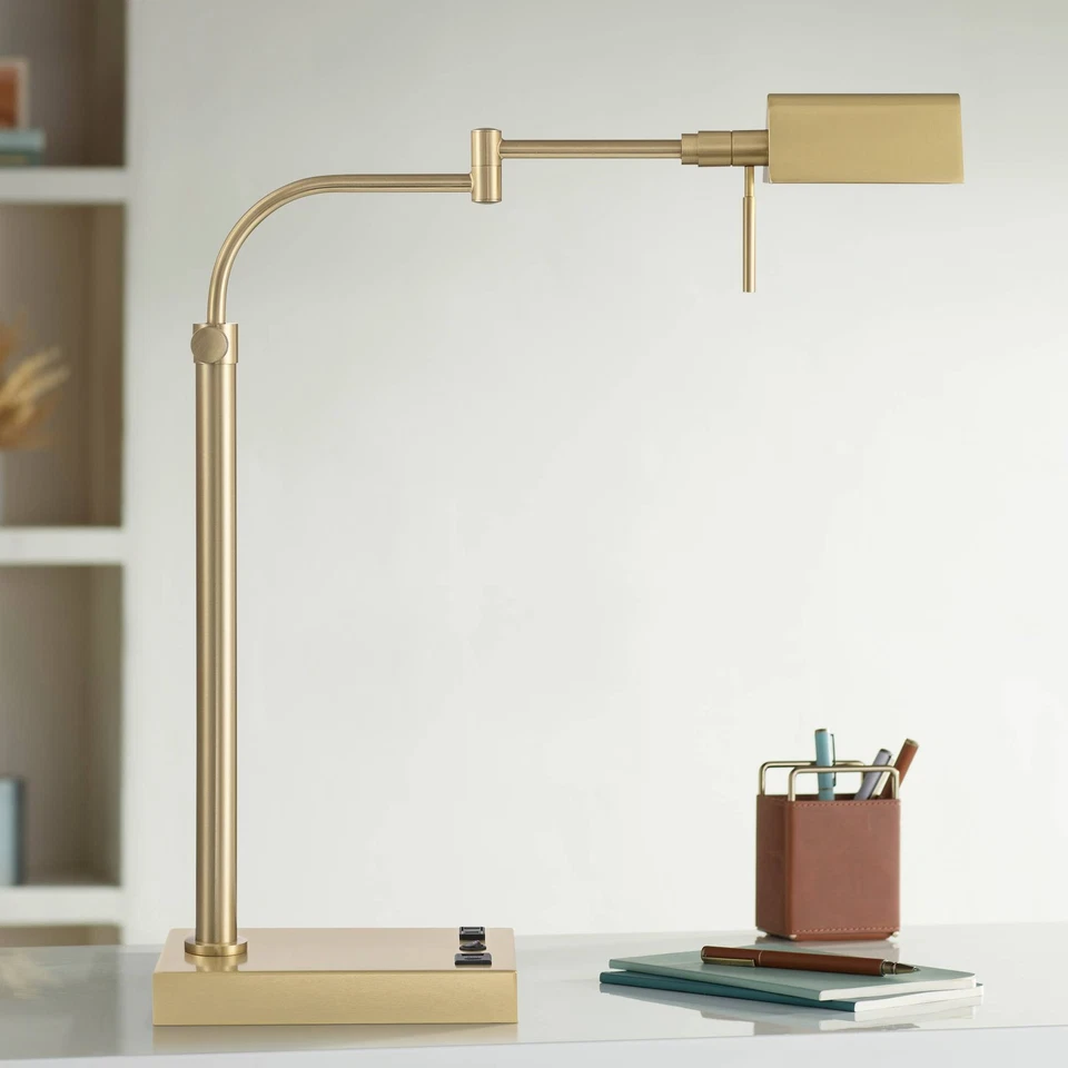 Possini Euro Keegan Adjustable Brass Finish USB and Outlet Desk Lamp - Image 1 of 4