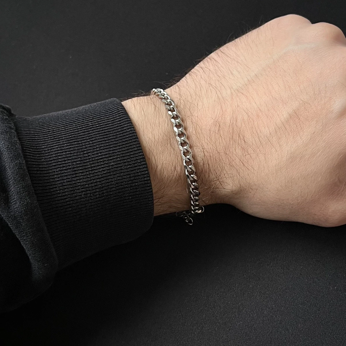 Stainless Steel Curb Chain Bracelet - Tri-Color (Silver, Gold, Black) Polished, 8.27" Length