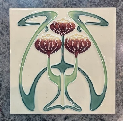 Fired Earth Art Nouveau Decorative Tiles, majolica style, perfect condition (x5) - Image 1 of 4