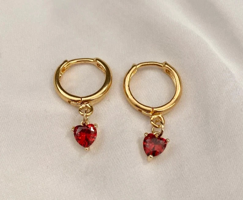 Heart Cut Lab Created Garnet Womens Hoop Earring 14K Yellow Gold Plated Silver - Image 1 of 4