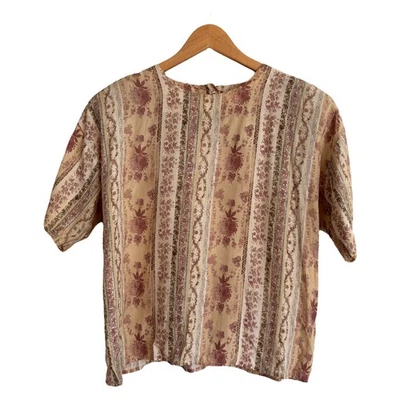 Lee David Collection L Vintage Boho Blouse Beige Brown Floral 90s Boxy - Image 1 of 4