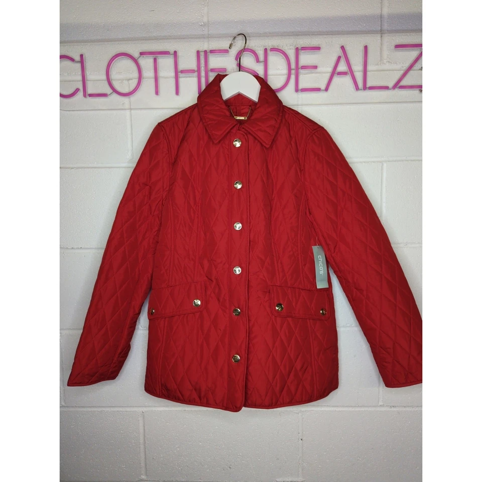 Nwt chicos 0/2 red puffer jacket quilted mid length leather outerwear wild poppy - Image 1 of 4