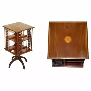 VICTORIAN SHERATON REVIVAL MAHOGANY & SATINWOOD REVOLVING BOOK SIDE END TABLE - Picture 1 of 12