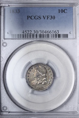 1833 Capped Bust Dime PCGS VF30 Nice Color & Patina KCMM Cover