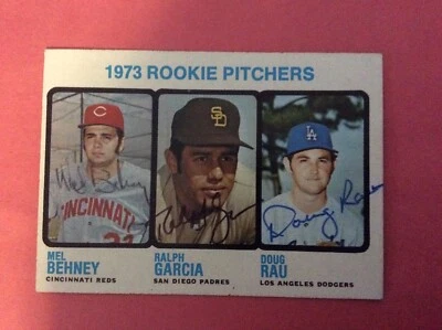 1973 Topps #602 Rookie Pitchers Behney,Garcia, Rau Autographs. - Image 1 of 2