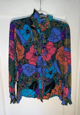 Blusa Louis Feraud Vintage Seda Volantes Cuello Atado Floral Talla 40. d735 Foto 1 de 4