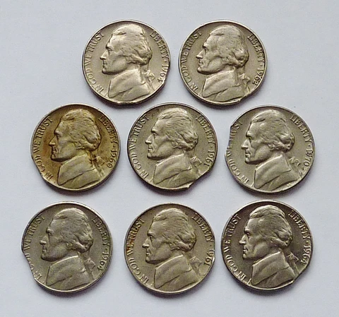 ERROR!! CLIPS!! 8 MIXED DATE: 1960-1970 JEFFERSON NICKELS ~ EXTRA FINE OR BETTER Cover