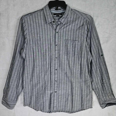 Camisa informal con botones Marc Anthony para hombre grande manga larga gris a rayas Foto 1 de 4