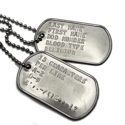 Military ID Dog Tags Stainless Steel Personalized Custom Embossed Army - Image 1 of 4