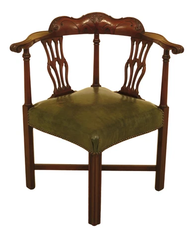 46575EC: COLONIAL Carved Mahogany Chippendale Corner Chair w. Leather Seat Cover