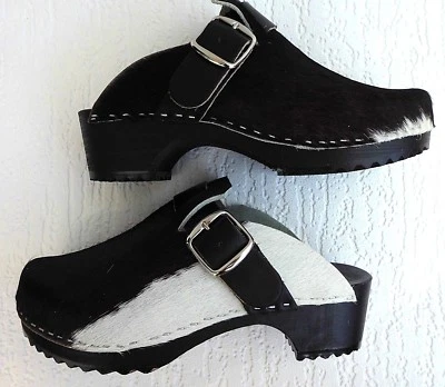 Schweden HOLZ CLOGS - Pantolette Gr.35 Schwarz-weiss Echt Leder- Kuhfell (1344) - Bild 1 von 4