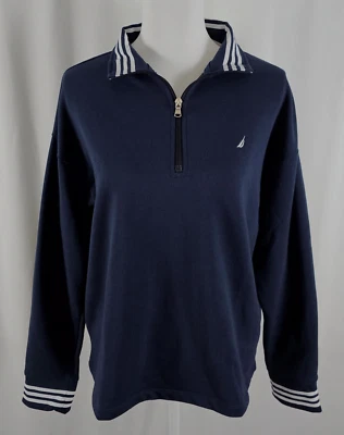 全新 Nautica 女式上衣半拉链海军蓝白色棉聚酯纤维中号 — 第 1/4 张图片