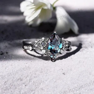 925 Sterling Silver 7x5 mm Pear Shape Natural Alexandrite Ring Set cubicZirconia - Picture 1 of 5