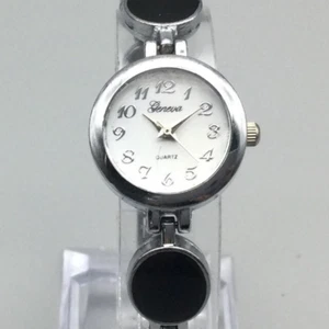 Geneva Watch Women 22mm Silver Tone Black Stone Band New Battery 6.25" - Picture 1 of 17